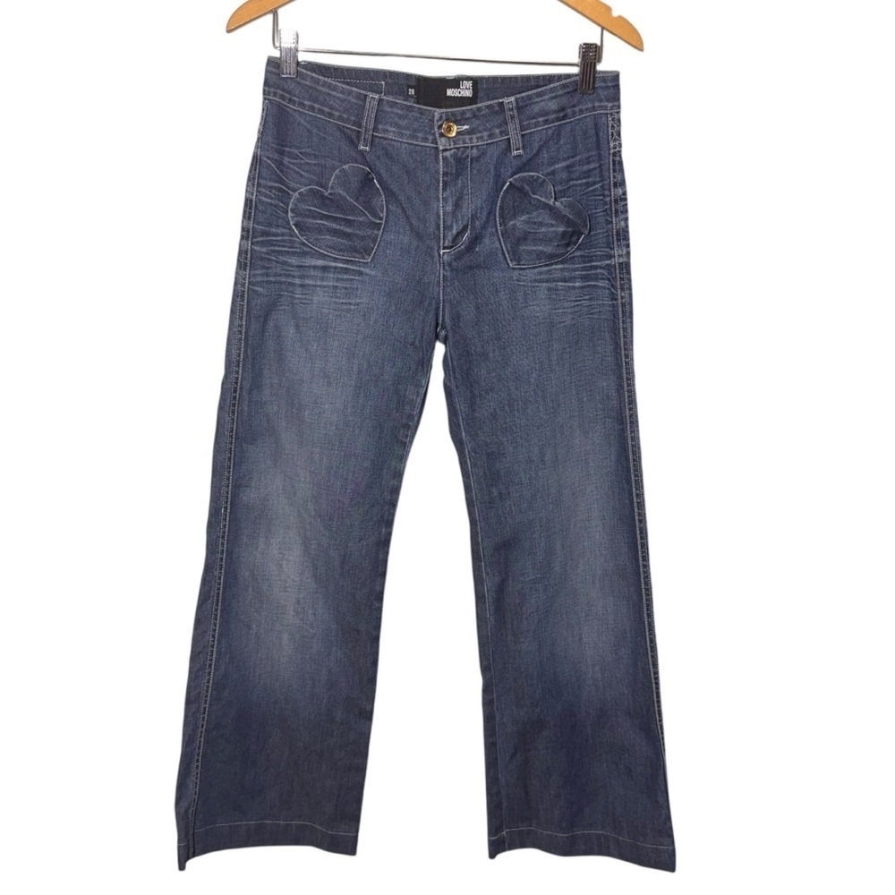 Love Moschino Blue Wide Leg Jeans Size 28 Hemmed Heart Pockets